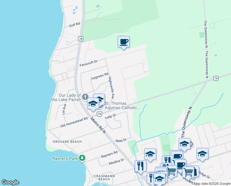 map of restaurants, bars, coffee shops, grocery stores, and more near 25 Highcastle Avenue in Georgina