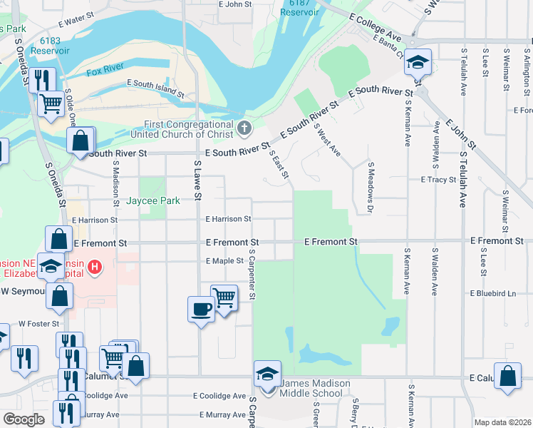 map of restaurants, bars, coffee shops, grocery stores, and more near 819 East Mckinley Street in Appleton