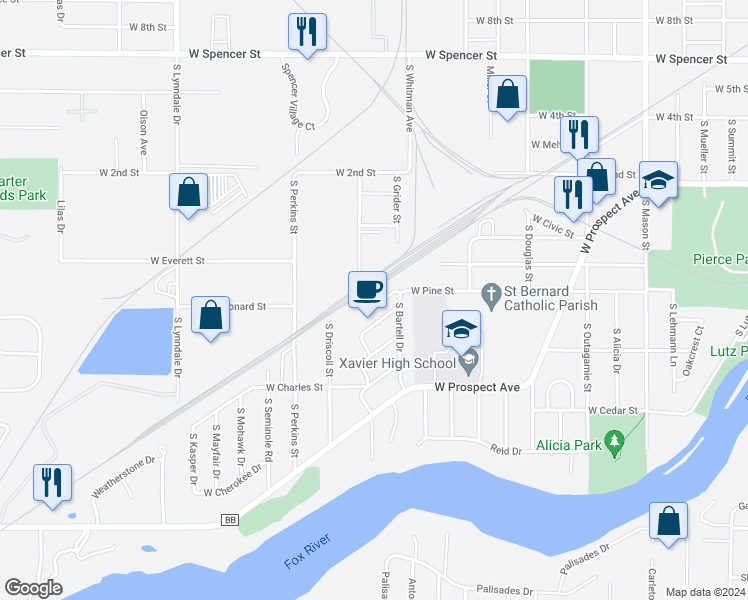 map of restaurants, bars, coffee shops, grocery stores, and more near 1201 South Bartell Drive in Appleton