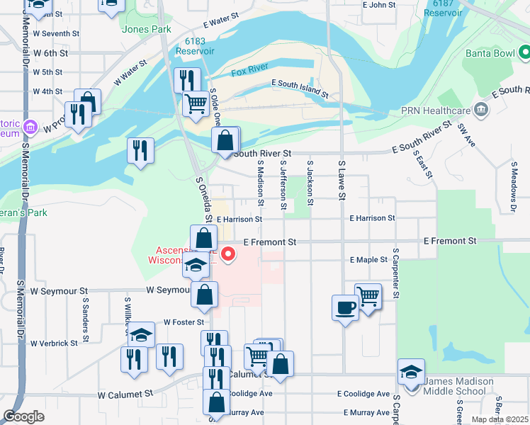 map of restaurants, bars, coffee shops, grocery stores, and more near 303 East Mckinley Street in Appleton