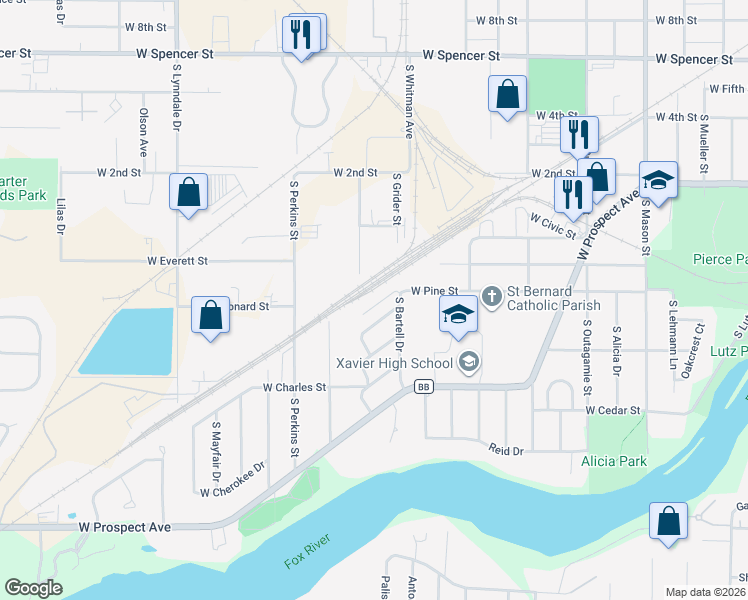 map of restaurants, bars, coffee shops, grocery stores, and more near 1201 South Bartell Drive in Appleton