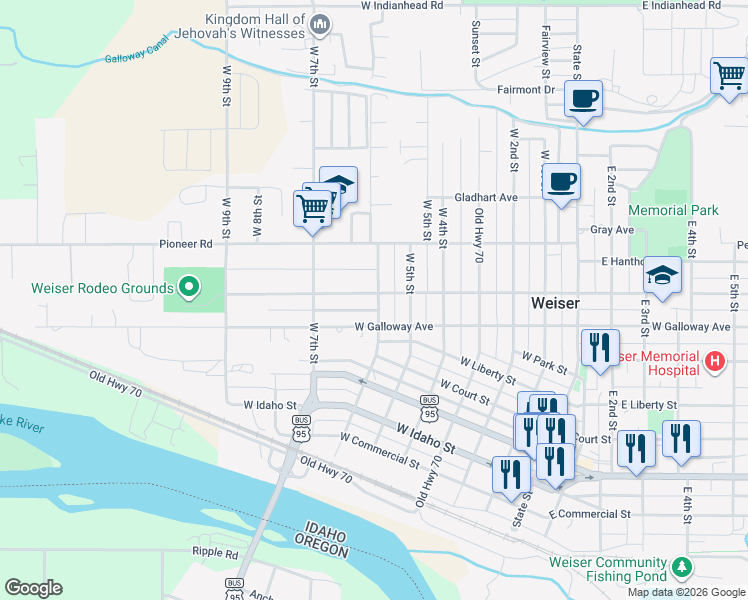 map of restaurants, bars, coffee shops, grocery stores, and more near 640 West Butterfield Street in Weiser