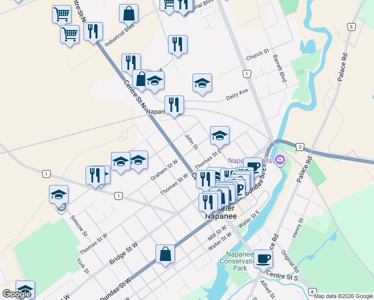 map of restaurants, bars, coffee shops, grocery stores, and more near 15 Graham Street East in Greater Napanee