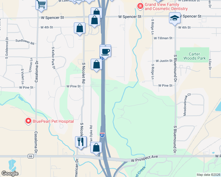 map of restaurants, bars, coffee shops, grocery stores, and more near 1206 South Westland Drive in Appleton