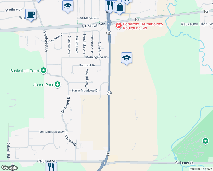 map of restaurants, bars, coffee shops, grocery stores, and more near 3318 Ridgecrest Lane in Kaukauna