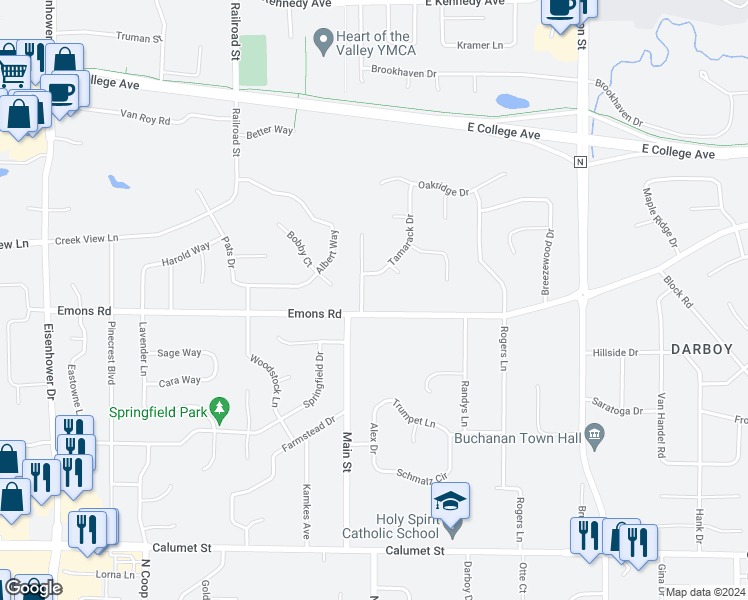 map of restaurants, bars, coffee shops, grocery stores, and more near W2876 Emons Road in Appleton
