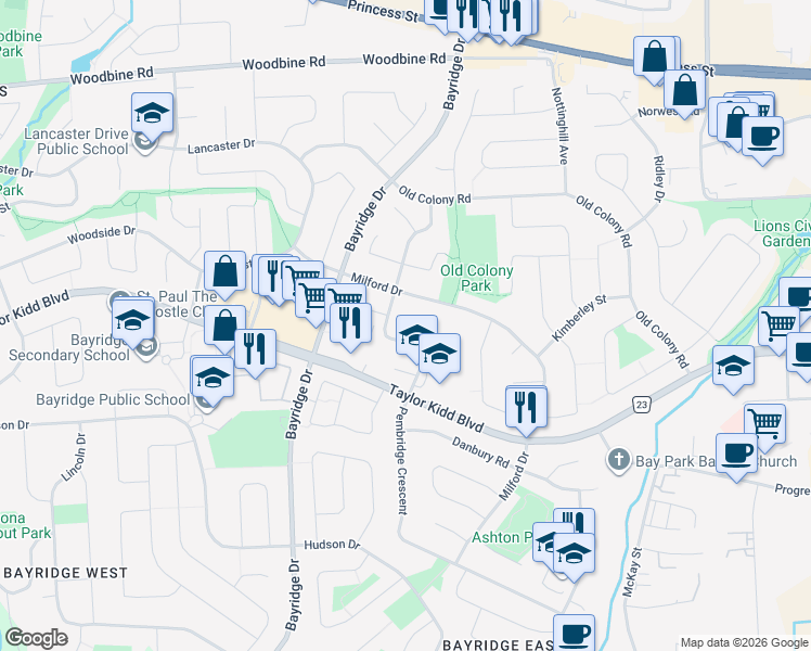 map of restaurants, bars, coffee shops, grocery stores, and more near 1010 Pembridge Crescent in Kingston