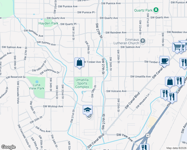 map of restaurants, bars, coffee shops, grocery stores, and more near 2853 Southwest Umatilla Avenue in Redmond