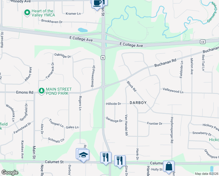 map of restaurants, bars, coffee shops, grocery stores, and more near W2683 Buchanan Road in Appleton
