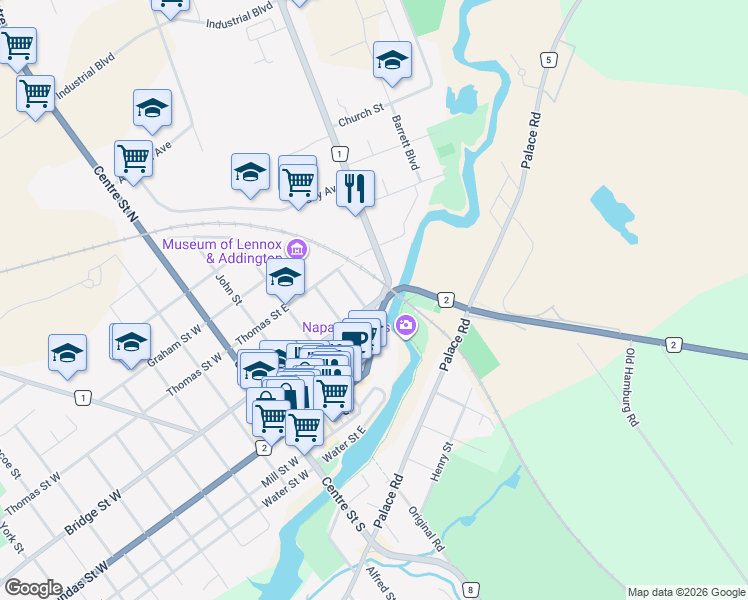 map of restaurants, bars, coffee shops, grocery stores, and more near 129 Dundas Street East in Napanee