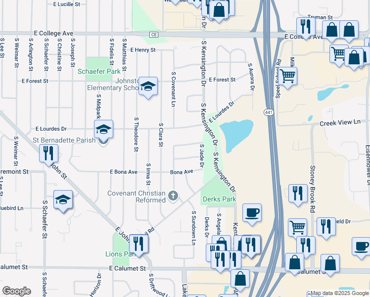 map of restaurants, bars, coffee shops, grocery stores, and more near 3015 East Meadowlark Lane in Appleton