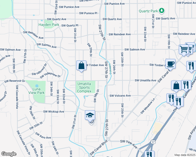 map of restaurants, bars, coffee shops, grocery stores, and more near 2743 Southwest Umatilla Avenue in Redmond