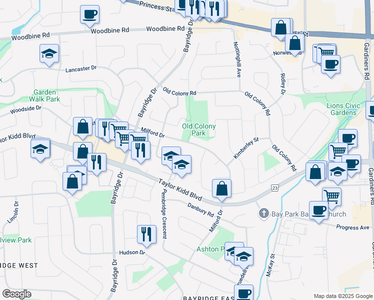 map of restaurants, bars, coffee shops, grocery stores, and more near 835 Milford Drive in Kingston
