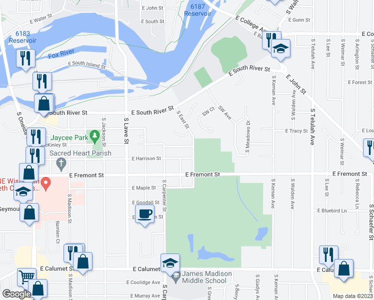 map of restaurants, bars, coffee shops, grocery stores, and more near 909 East Mckinley Street in Appleton