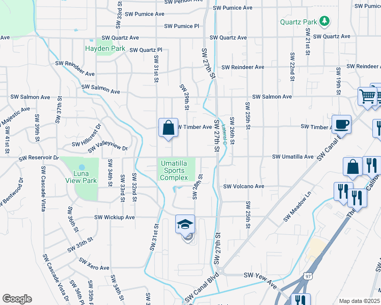 map of restaurants, bars, coffee shops, grocery stores, and more near 2853 Southwest Umatilla Avenue in Redmond