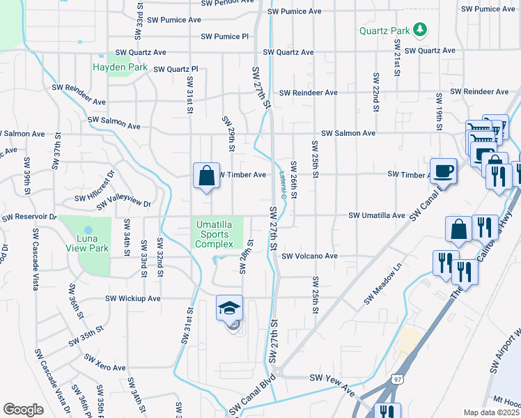 map of restaurants, bars, coffee shops, grocery stores, and more near 2743 Southwest Umatilla Avenue in Redmond