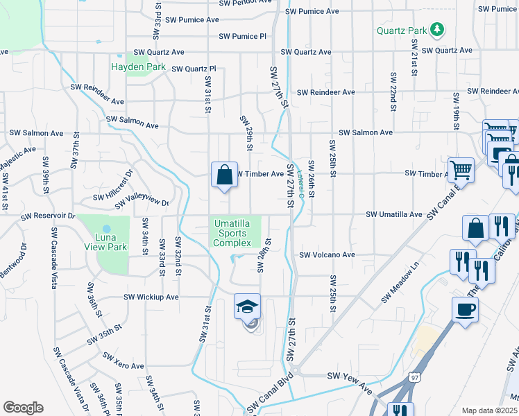 map of restaurants, bars, coffee shops, grocery stores, and more near 2853 Southwest Umatilla Avenue in Redmond