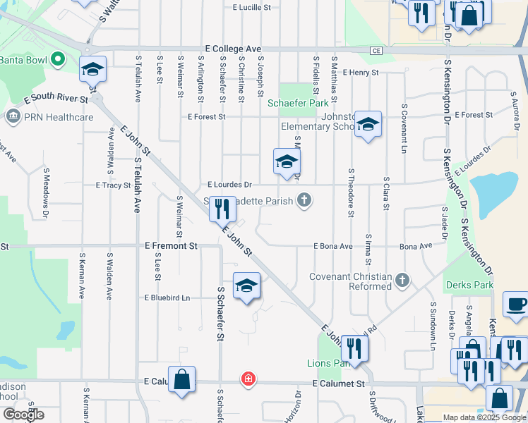 map of restaurants, bars, coffee shops, grocery stores, and more near 1200 South Buchanan Street in Appleton