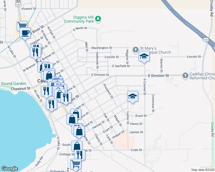 map of restaurants, bars, coffee shops, grocery stores, and more near 211 Prospect Street in Cadillac