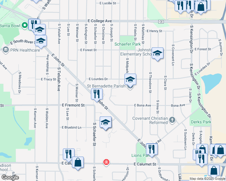 map of restaurants, bars, coffee shops, grocery stores, and more near 1200 South Buchanan Street in Appleton