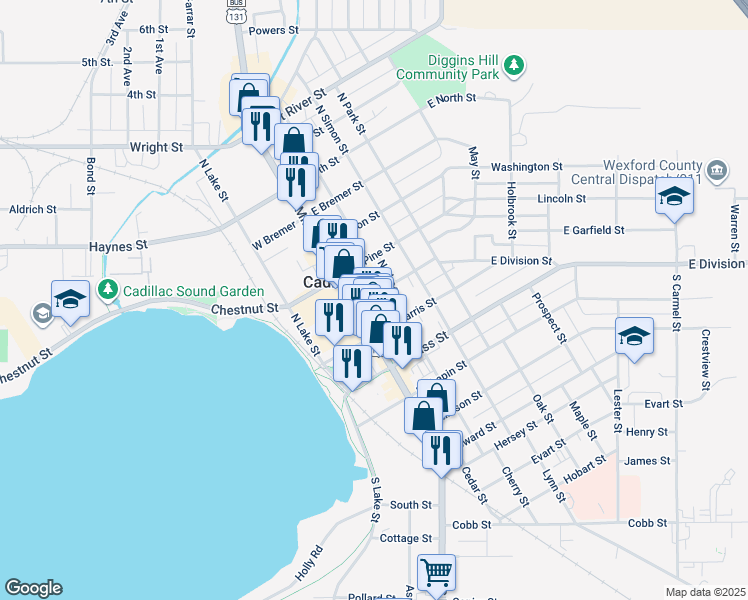 map of restaurants, bars, coffee shops, grocery stores, and more near 109 West Mason Street in Cadillac