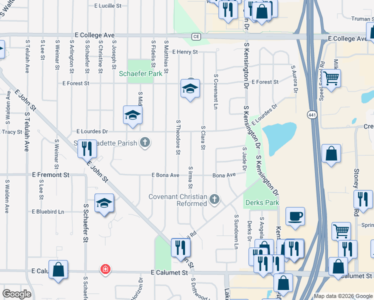 map of restaurants, bars, coffee shops, grocery stores, and more near 1209 South Irma Street in Appleton