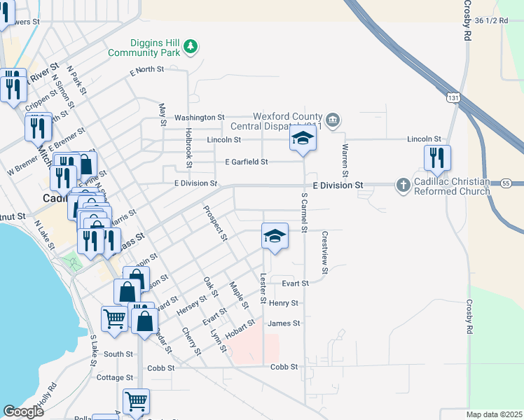 map of restaurants, bars, coffee shops, grocery stores, and more near 699 E Chapin St in Cadillac