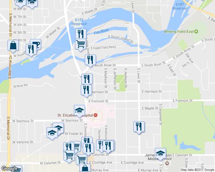 map of restaurants, bars, coffee shops, grocery stores, and more near 303 East Mckinley Street in Appleton