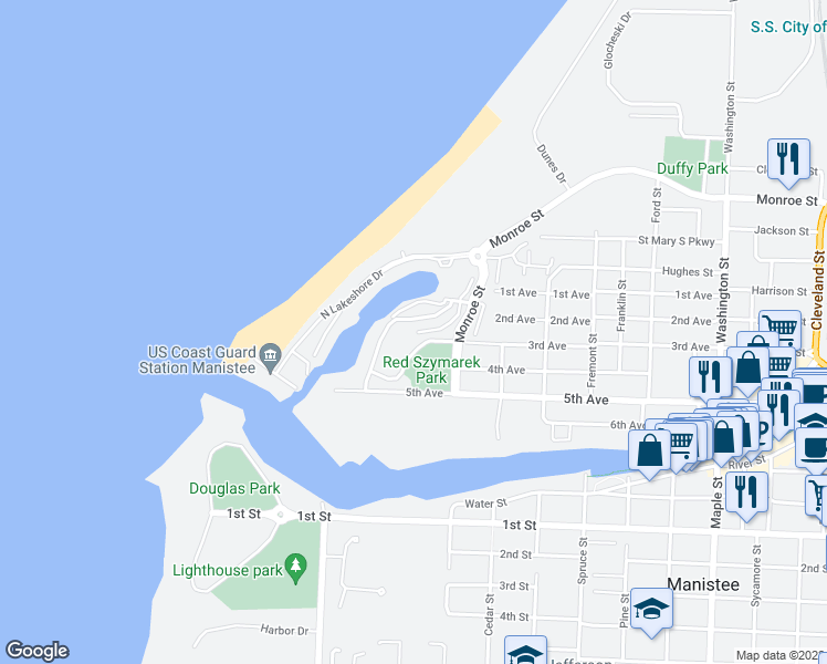 map of restaurants, bars, coffee shops, grocery stores, and more near 55 Anchor Rode Drive in Manistee