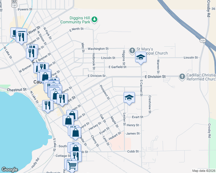map of restaurants, bars, coffee shops, grocery stores, and more near 211 Prospect Street in Cadillac