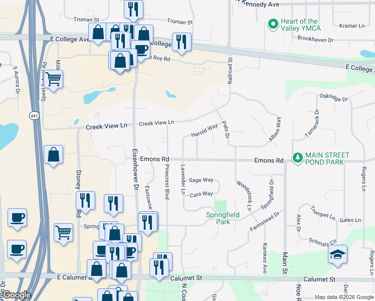 map of restaurants, bars, coffee shops, grocery stores, and more near 1301/1303 Lavender Lane in Appleton