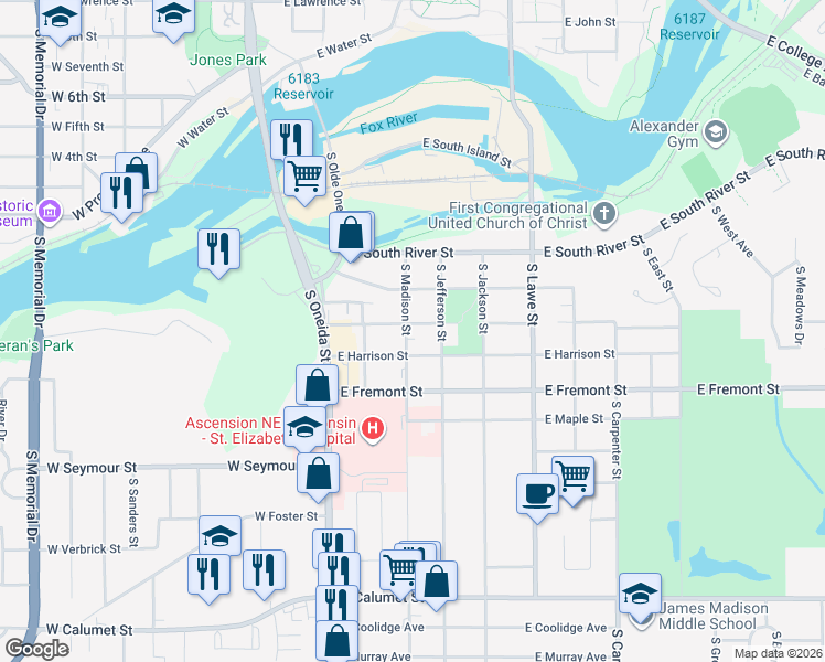 map of restaurants, bars, coffee shops, grocery stores, and more near 303 East McKinley Street in Appleton