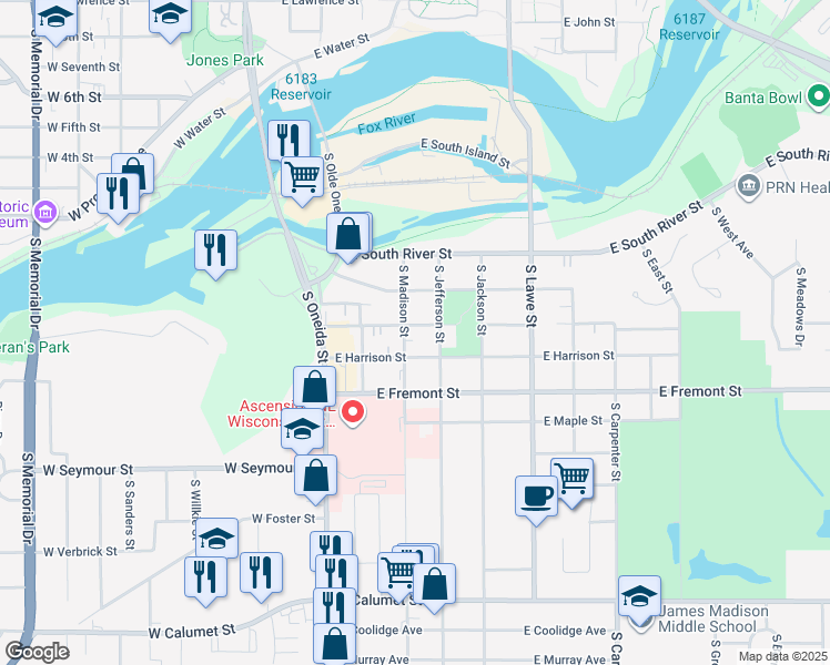 map of restaurants, bars, coffee shops, grocery stores, and more near 303 East Mckinley Street in Appleton