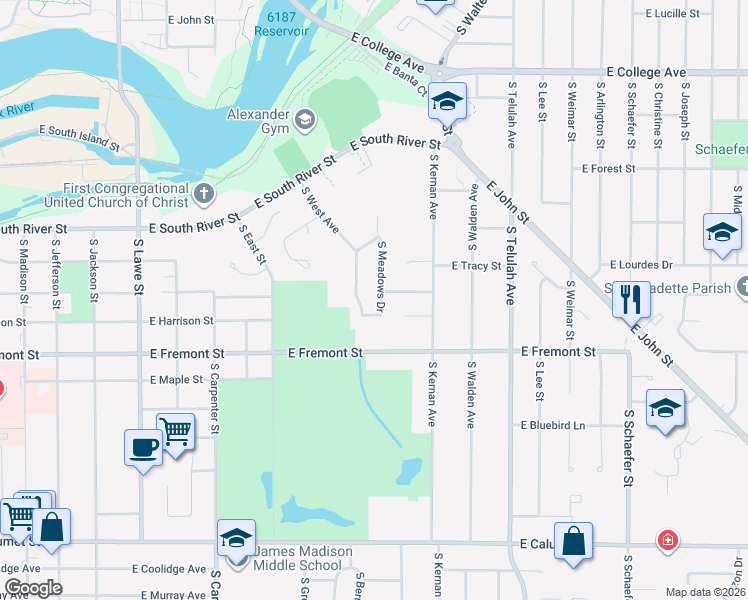 map of restaurants, bars, coffee shops, grocery stores, and more near 53 South Meadows Drive in Appleton