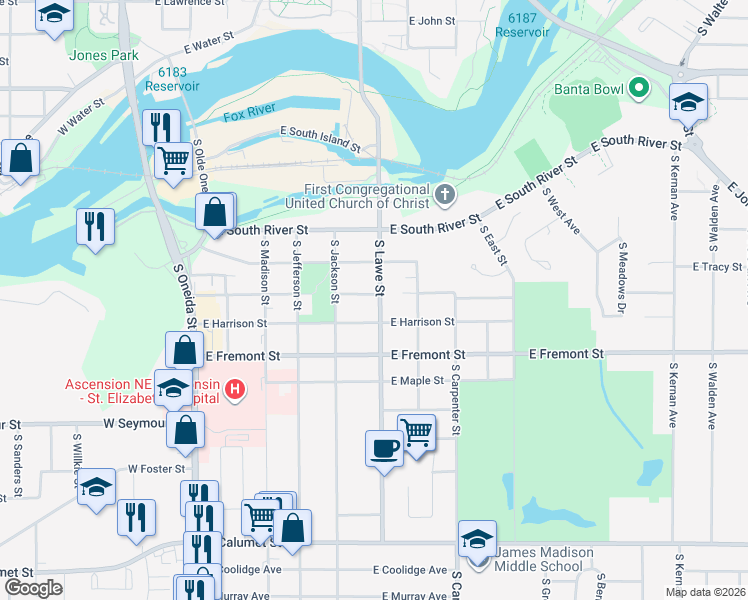 map of restaurants, bars, coffee shops, grocery stores, and more near 539 East Mckinley Street in Appleton