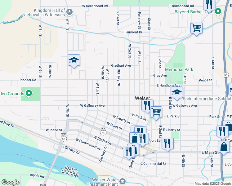 map of restaurants, bars, coffee shops, grocery stores, and more near 1005 West 3rd Street in Weiser