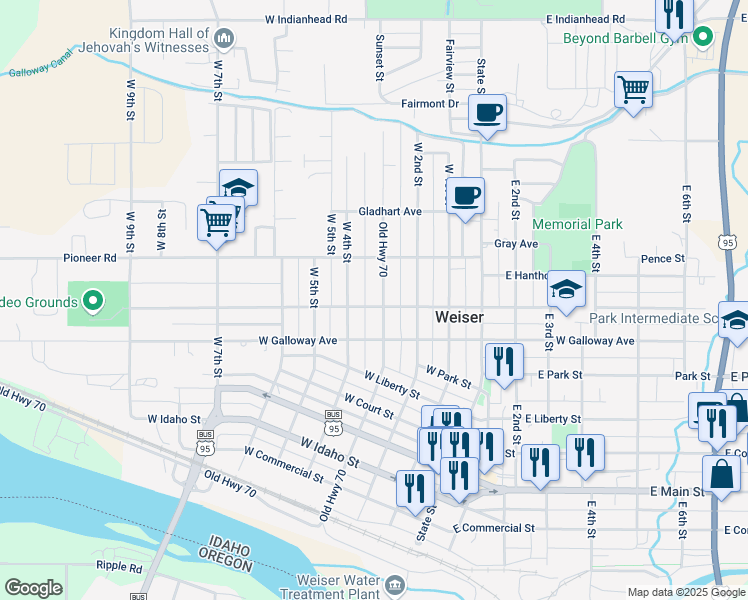 map of restaurants, bars, coffee shops, grocery stores, and more near 1005 West 3rd Street in Weiser