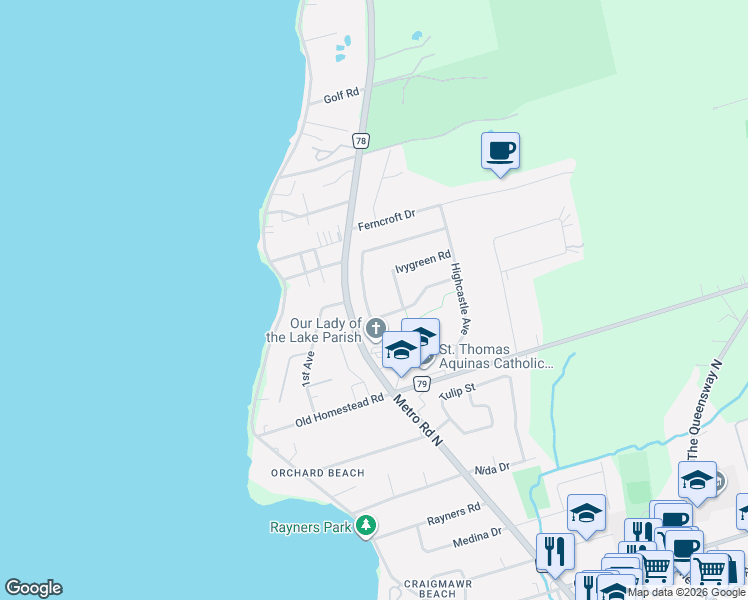 map of restaurants, bars, coffee shops, grocery stores, and more near 63 Kerfoot Crescent in Georgina