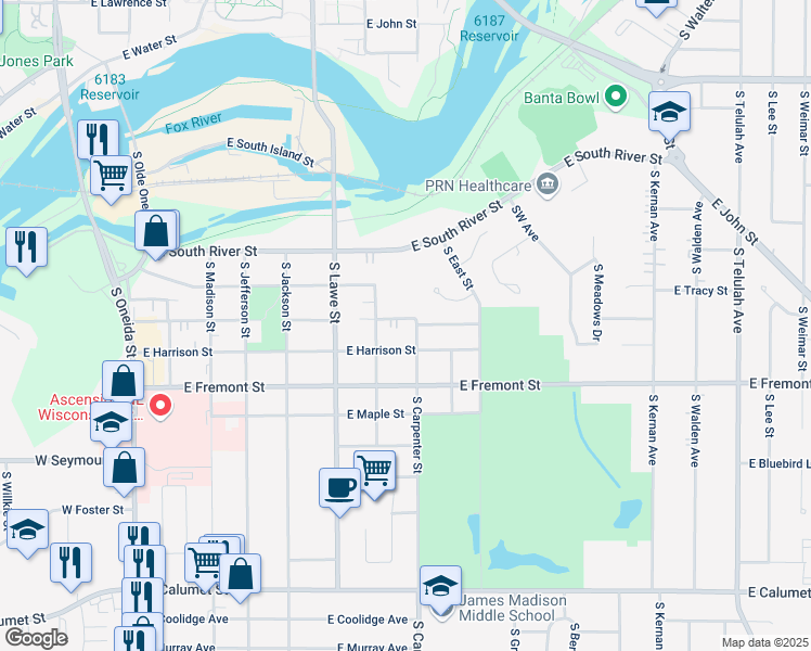 map of restaurants, bars, coffee shops, grocery stores, and more near 731 East Mckinley Street in Appleton