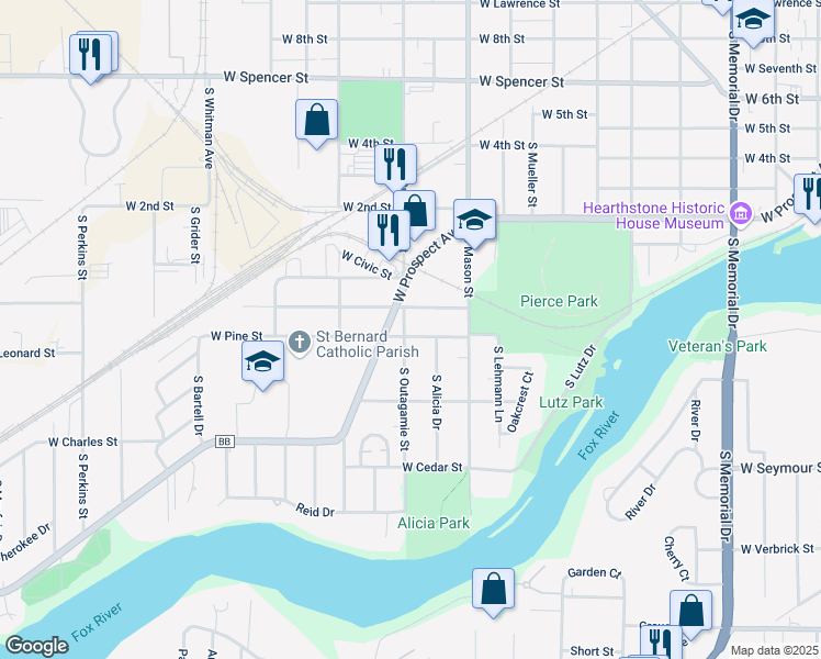 map of restaurants, bars, coffee shops, grocery stores, and more near 1354 West Pine Street in Appleton