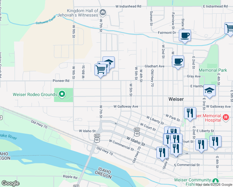 map of restaurants, bars, coffee shops, grocery stores, and more near 640 West Butterfield Street in Weiser