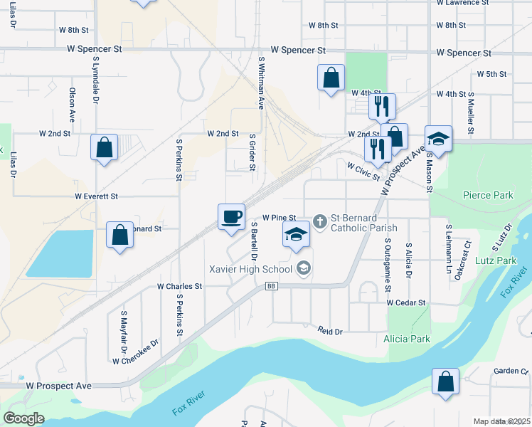 map of restaurants, bars, coffee shops, grocery stores, and more near 1848 West Pine Street in Appleton