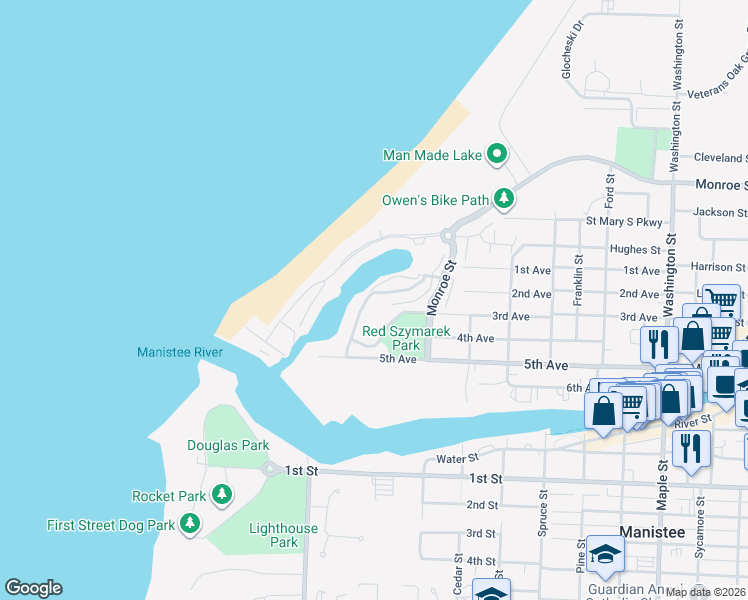 map of restaurants, bars, coffee shops, grocery stores, and more near 55 Anchor Rode Drive in Manistee