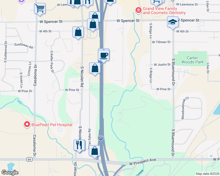 map of restaurants, bars, coffee shops, grocery stores, and more near 1206 South Westland Drive in Appleton
