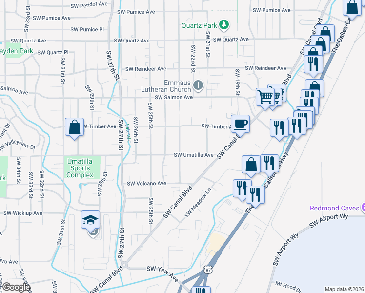 map of restaurants, bars, coffee shops, grocery stores, and more near 2630 Southwest 23rd Street in Redmond
