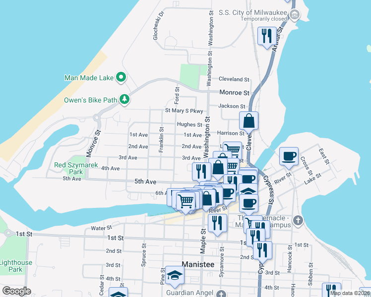 map of restaurants, bars, coffee shops, grocery stores, and more near 231 2nd Avenue in Manistee