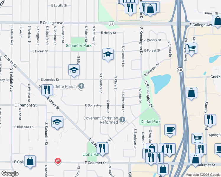 map of restaurants, bars, coffee shops, grocery stores, and more near 1209 South Irma Street in Appleton