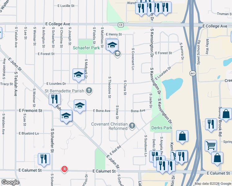 map of restaurants, bars, coffee shops, grocery stores, and more near 1209 South Irma Street in Appleton
