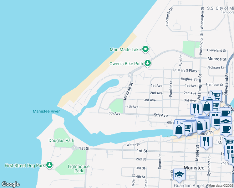 map of restaurants, bars, coffee shops, grocery stores, and more near 86 Charter Court in Manistee
