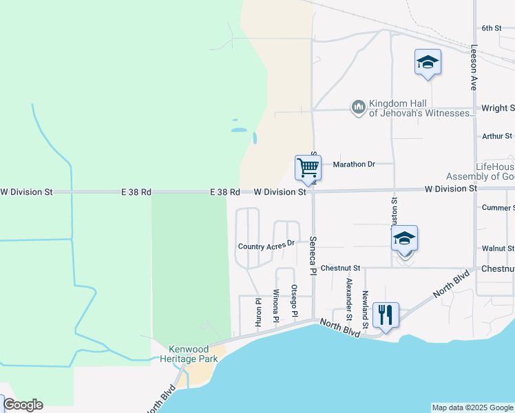 map of restaurants, bars, coffee shops, grocery stores, and more near 440 Darelnor Street in Cadillac